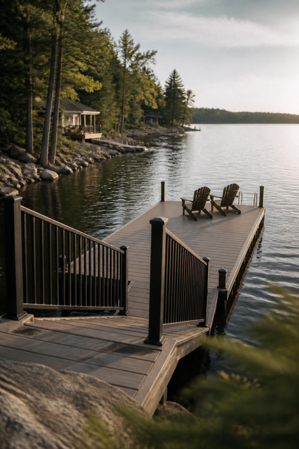Finished floating dock installation with clean railings and calm water.