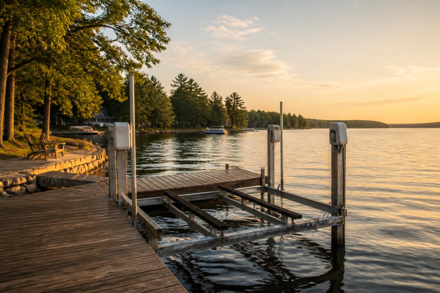 Freshly repaired boat lift beside a calm lakeside dock at golden hour.